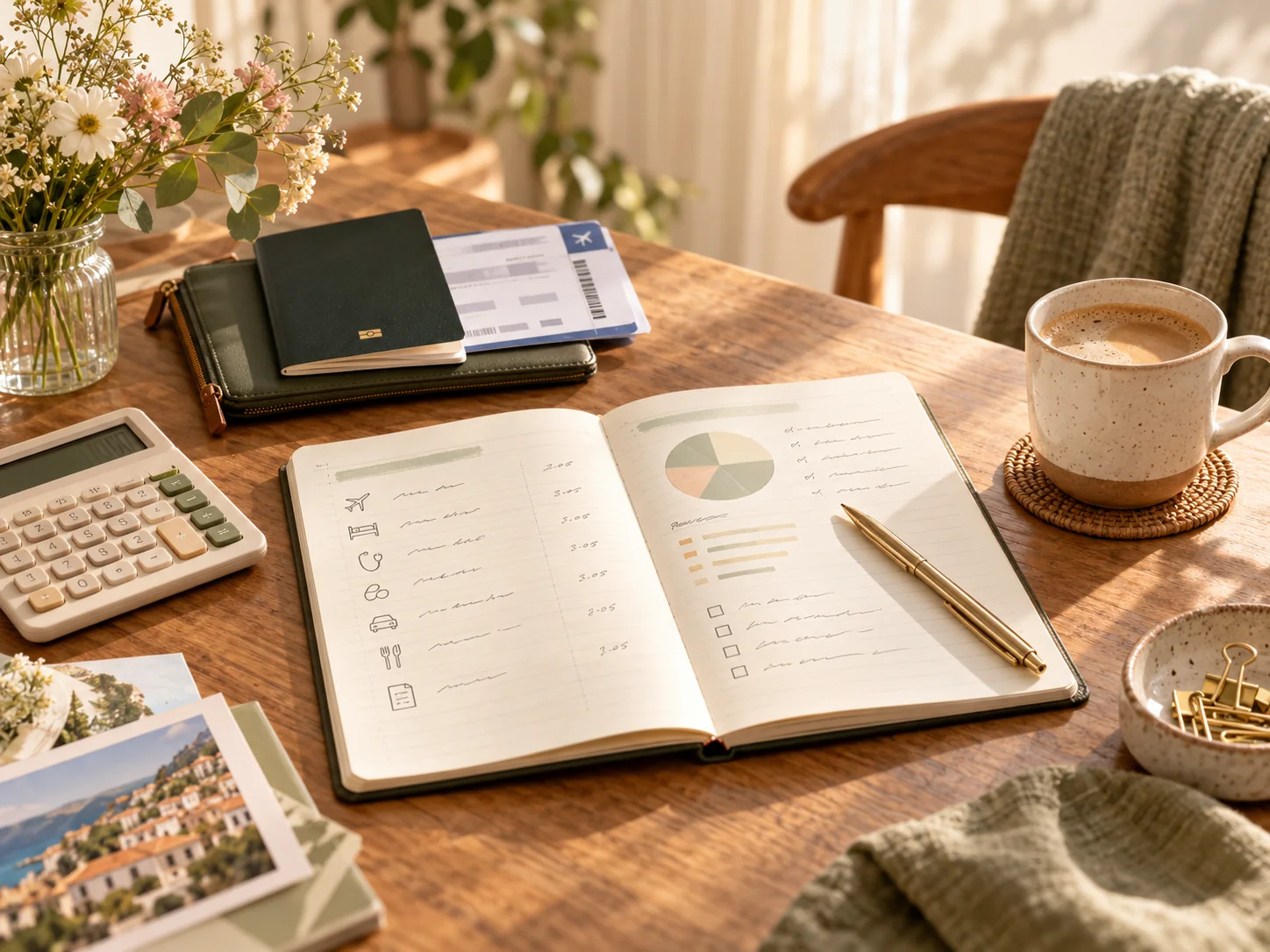 Open travel budget notebook with calculator, travel documents, and coffee