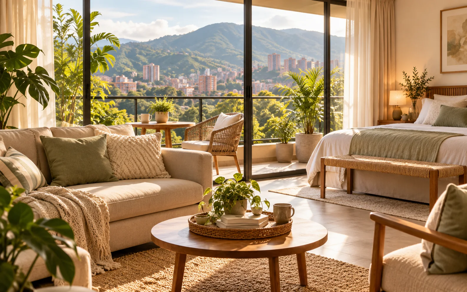 Warm furnished apartment with balcony, plants, and Colombian mountain views